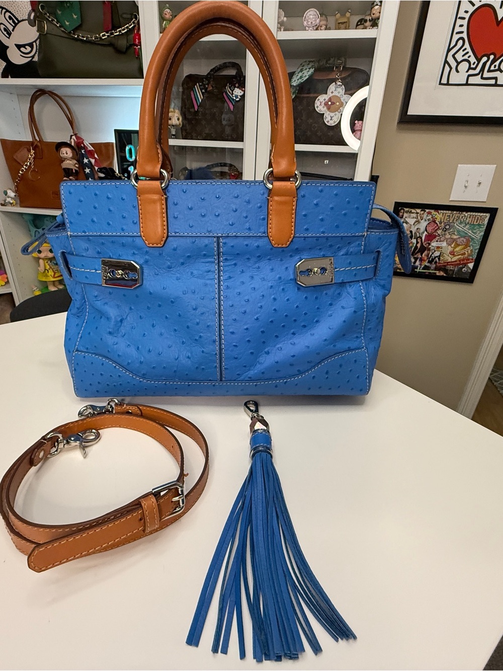 Rafe New York Blue Ostrich-Texture Satchel with Tan Handles